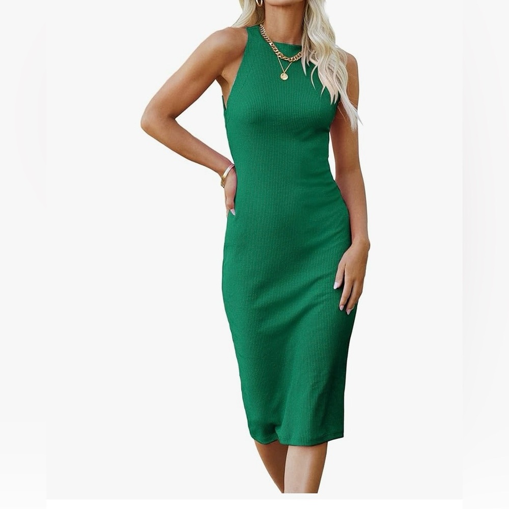 Amazon Basics Pretty Garden Elegant Green Sleeveless MIDI  Dress
